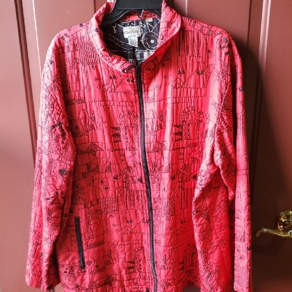 Chico's Red and Black 100 Silk Embroidery On 100 % Rayon Full Zip Size 3 - Picture 1 of 9